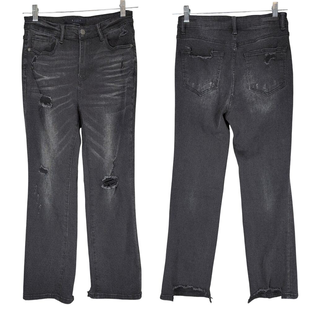 Risen 9 29 Straight Leg Jeans Women Faded Black Factory Distressed Raw Hem 27x26